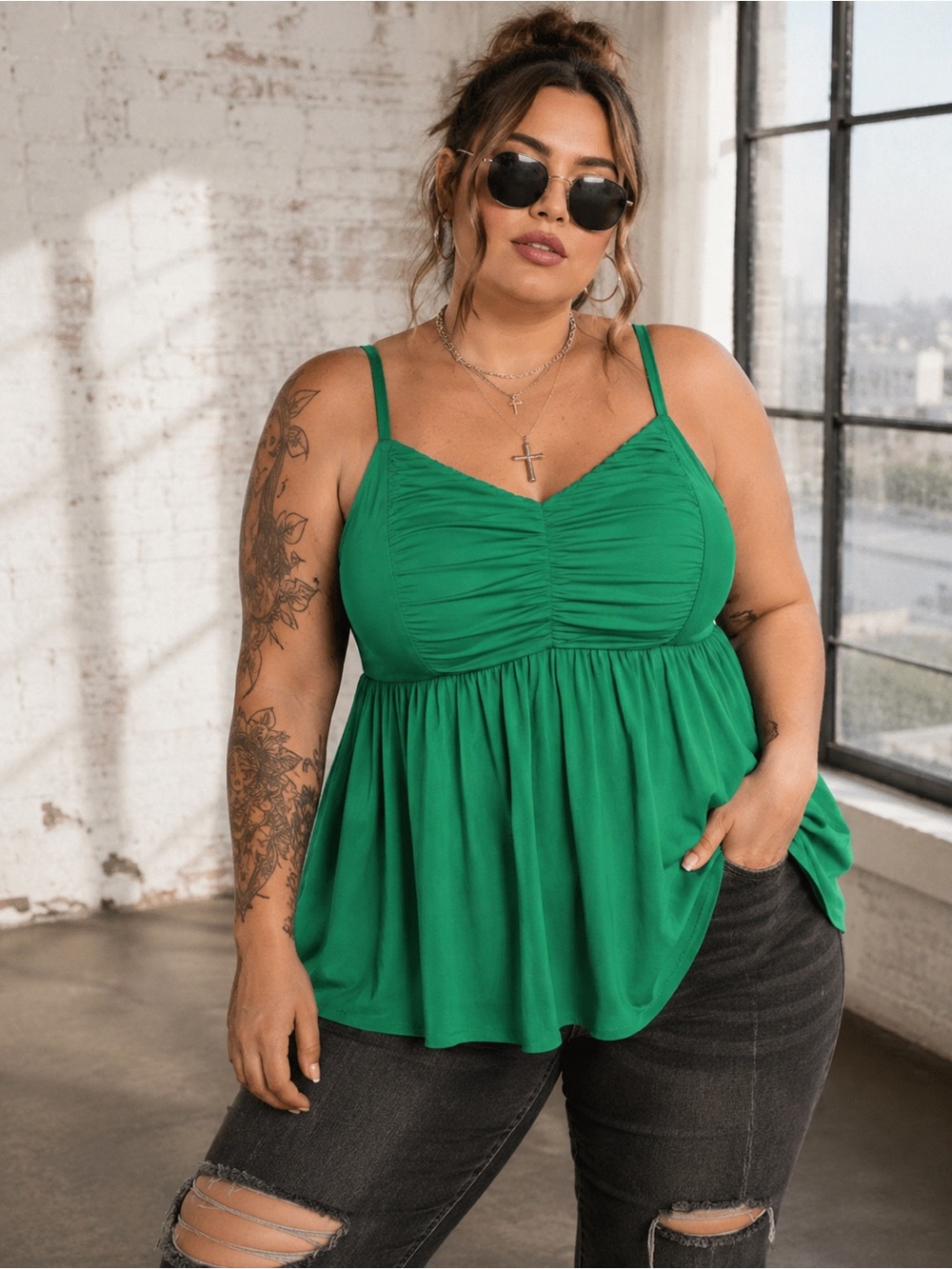 TORRID Green Ruched Babydoll Cami Tank Top EUC